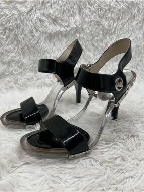 Michael Kors Heeled Sandals Size 8.5M Black Patent Leather Clear Acrylic